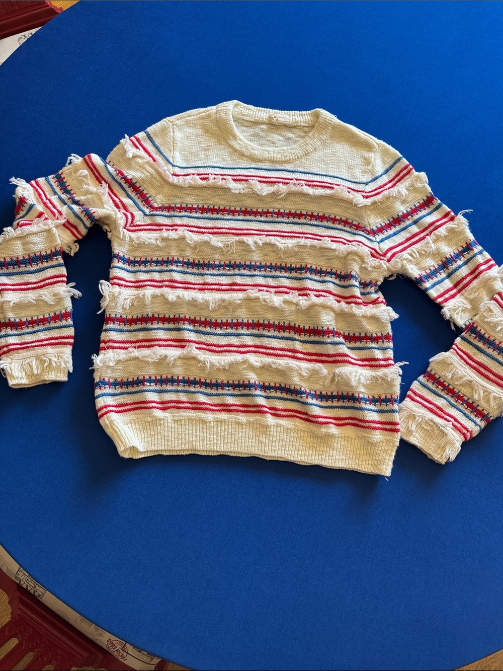 Anthropologie Cream Striped Crewneck Sweater with Red and Blue Accents
